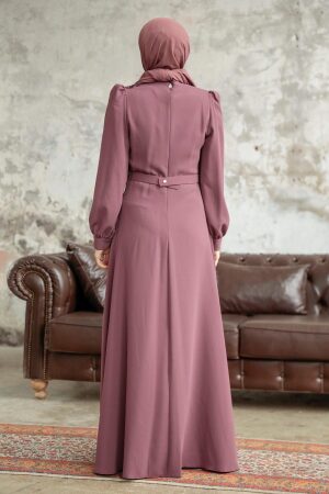 Neva Style - Boncuk Detaylı Koyu Gül Kurusu Tesettür Elbise 37351KGK - 3