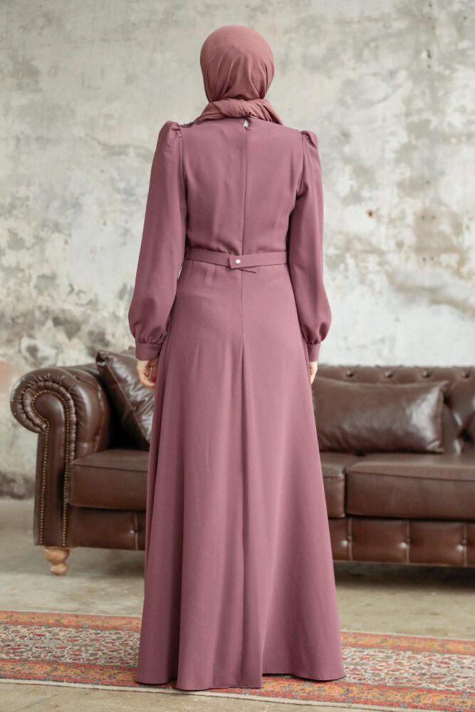 Neva Style - Boncuk Detaylı Koyu Gül Kurusu Tesettür Elbise 37351KGK - 3