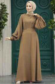 Neva Style - Boncuk Detaylı Koyu Vizon Tesettür Elbise 384000KV - Thumbnail