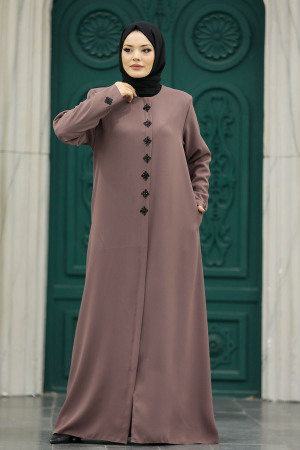 Neva Style - Boncuk Detaylı Koyu Vizon Tesettür Ferace 62535KV - 3
