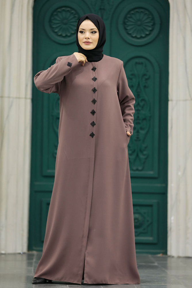 Neva Style - Boncuk Detaylı Koyu Vizon Tesettür Ferace 62535KV - 3