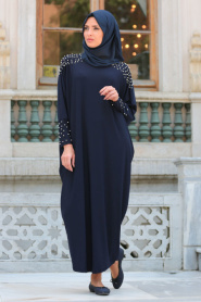 Neva Style - Boncuk Detaylı Lacivert Tesettür Elbise 1009L - Thumbnail