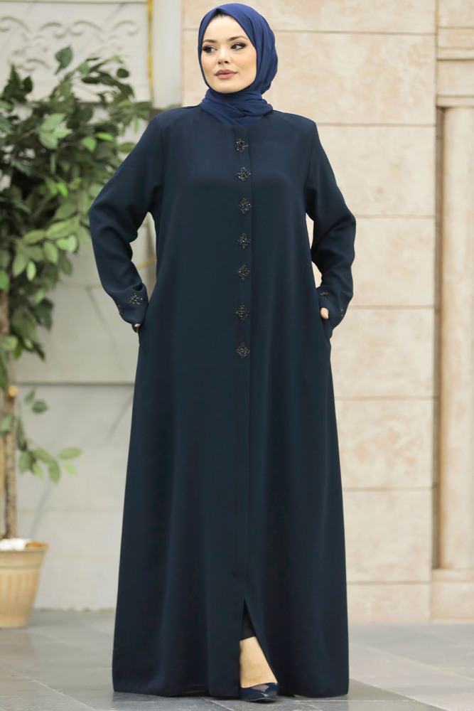 Neva Style - Boncuk Detaylı Lacivert Tesettür Ferace 62535L - 1