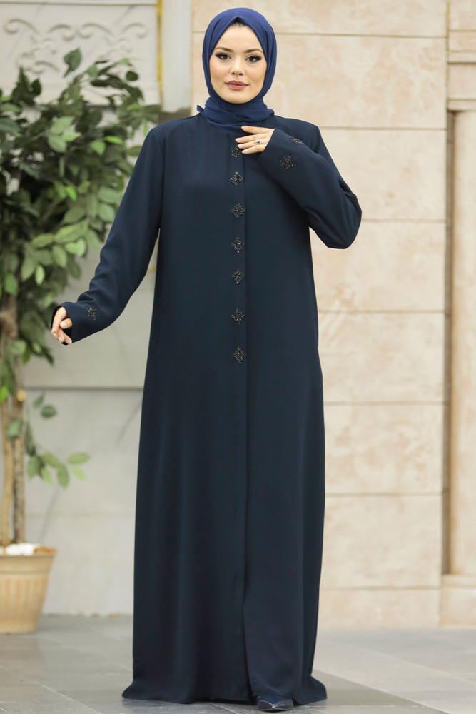 Neva Style - Boncuk Detaylı Lacivert Tesettür Ferace 62535L - 2