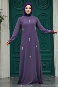 Neva Style - Boncuk Detaylı Lila Tesettür Elbise 30024LILA - Thumbnail