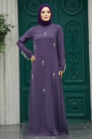 Neva Style - Boncuk Detaylı Lila Tesettür Elbise 30024LILA - Thumbnail