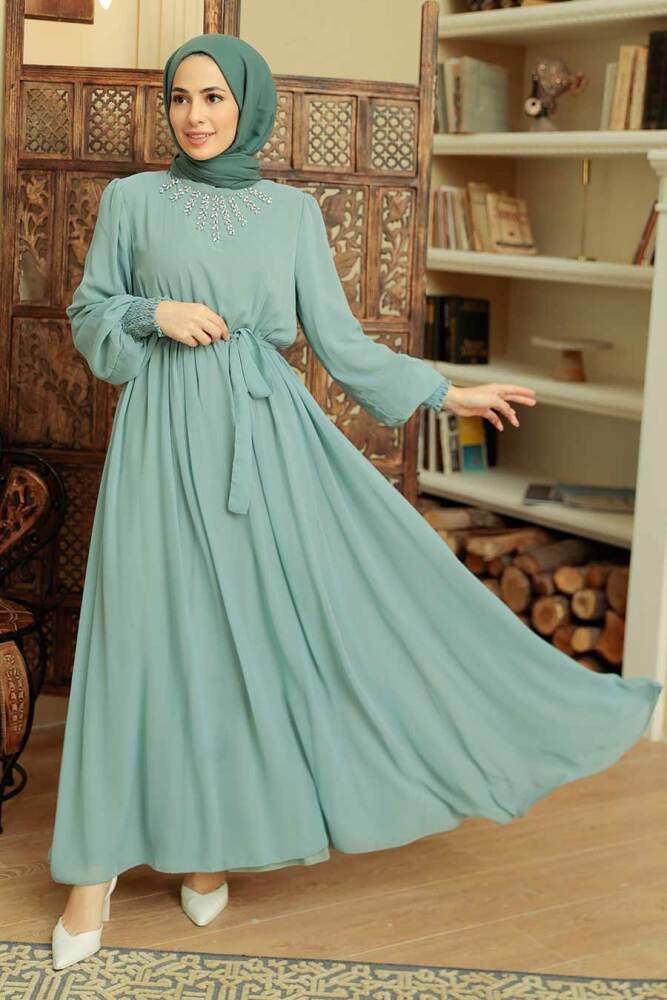 Neva Style - Boncuk Detaylı Mint Tesettür Elbise 10411MINT - 1