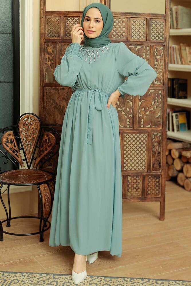 Neva Style - Boncuk Detaylı Mint Tesettür Elbise 10411MINT - 2