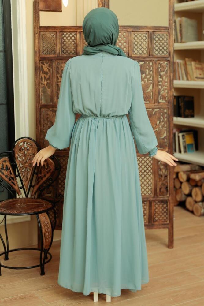 Neva Style - Boncuk Detaylı Mint Tesettür Elbise 10411MINT - 3