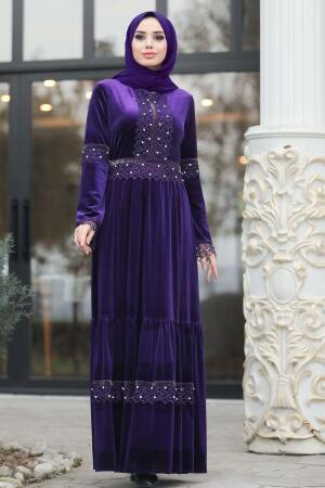 Neva Style - Boncuk Detaylı Mor Tesettür Kadife Elbise 1470MOR - 1