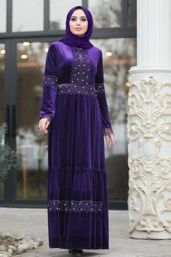 Neva Style - Boncuk Detaylı Mor Tesettür Kadife Elbise 1470MOR - 1