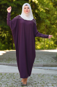 Neva Style - Boncuk Detaylı Mor Tesettür Elbise 1009MOR - Thumbnail