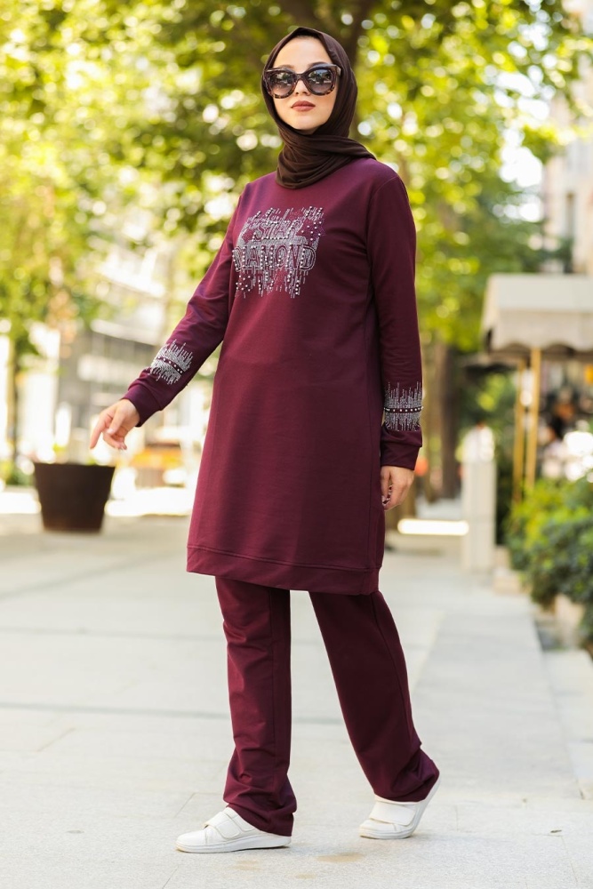 Neva Style - Boncuk Detaylı Mürdüm Tesettür Eşofman Takım 91720MU - 1