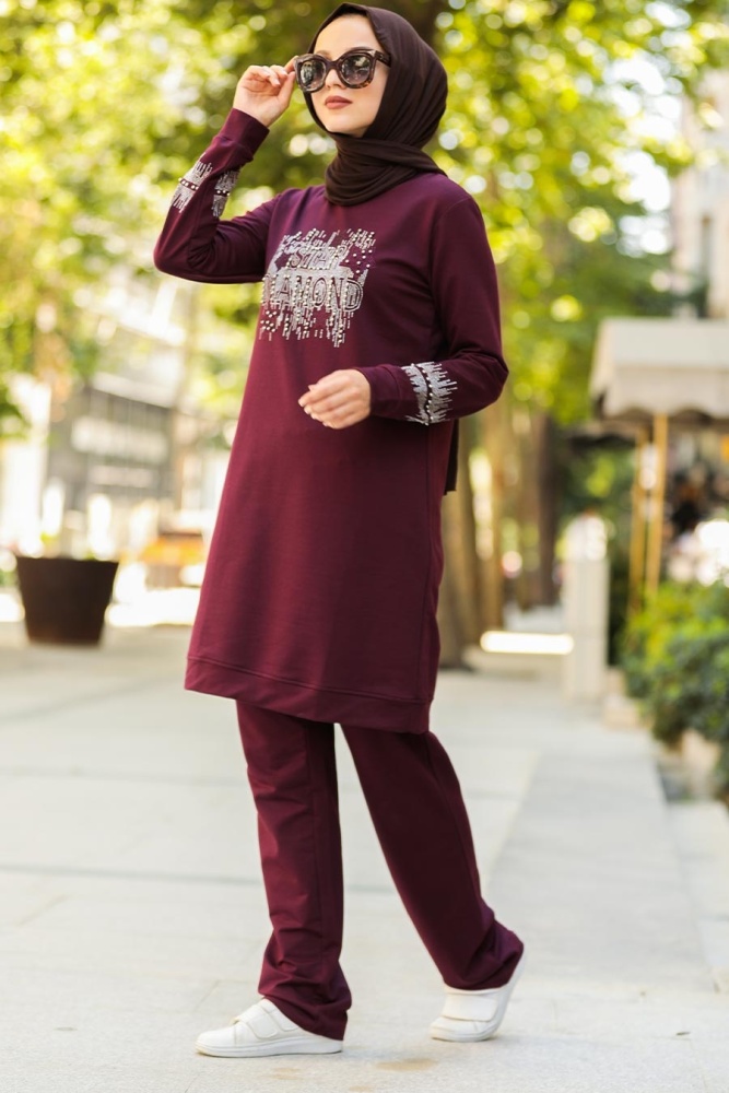 Neva Style - Boncuk Detaylı Mürdüm Tesettür Eşofman Takım 91720MU - 2