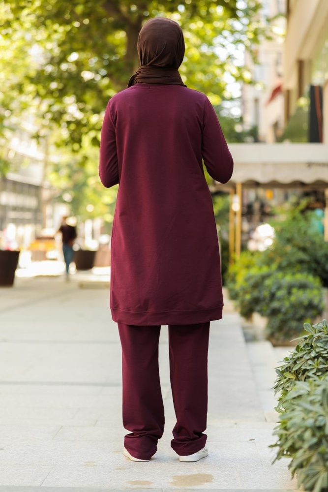 Neva Style - Boncuk Detaylı Mürdüm Tesettür Eşofman Takım 91720MU - 3