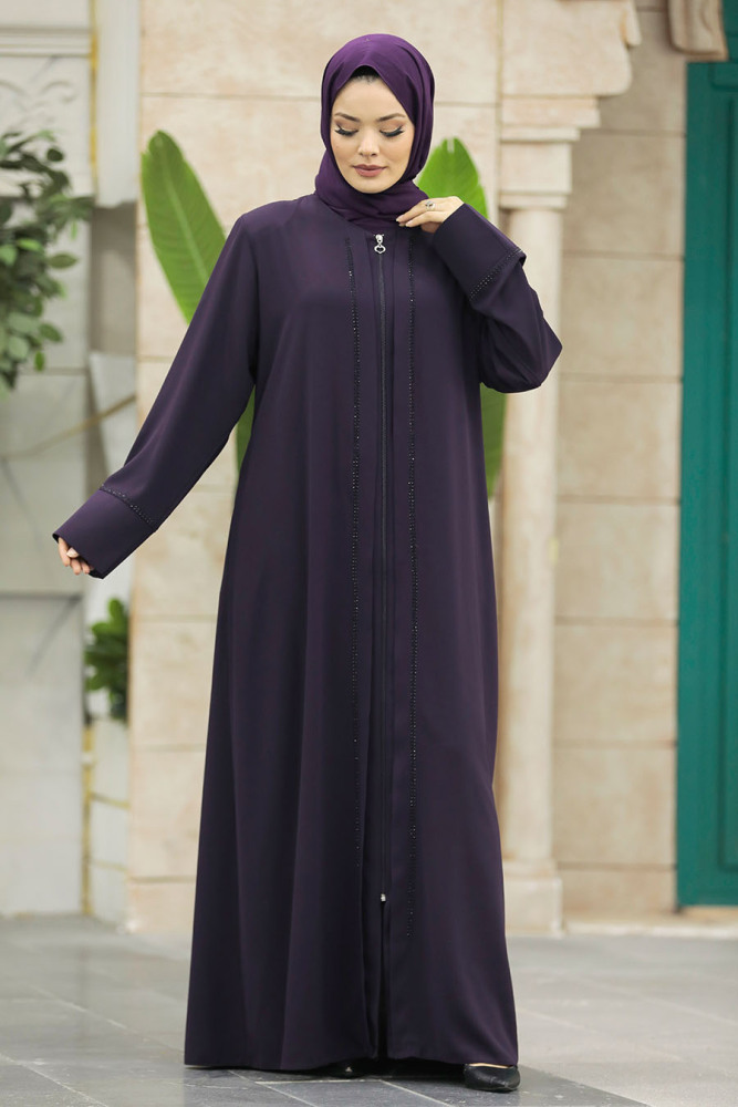 Neva Style - Boncuk Detaylı Mürdüm Tesettür Ferace 62537MU - 4