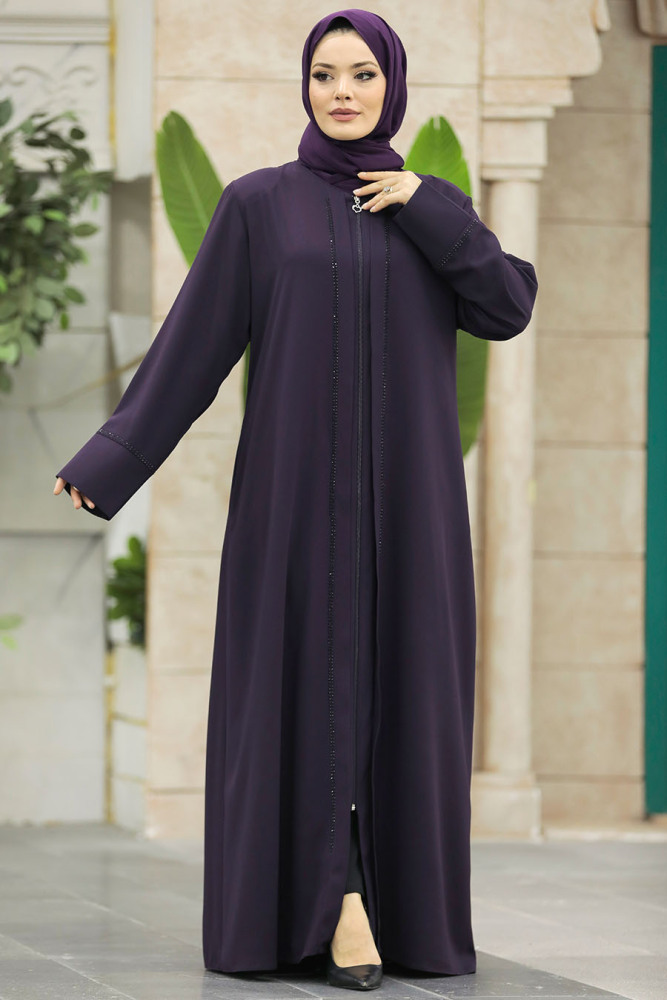 Neva Style - Boncuk Detaylı Mürdüm Tesettür Ferace 62537MU - 2