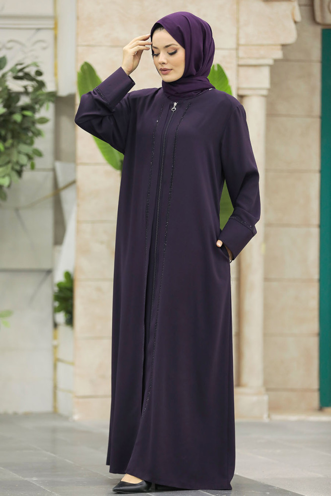Neva Style - Boncuk Detaylı Mürdüm Tesettür Ferace 62537MU - 1