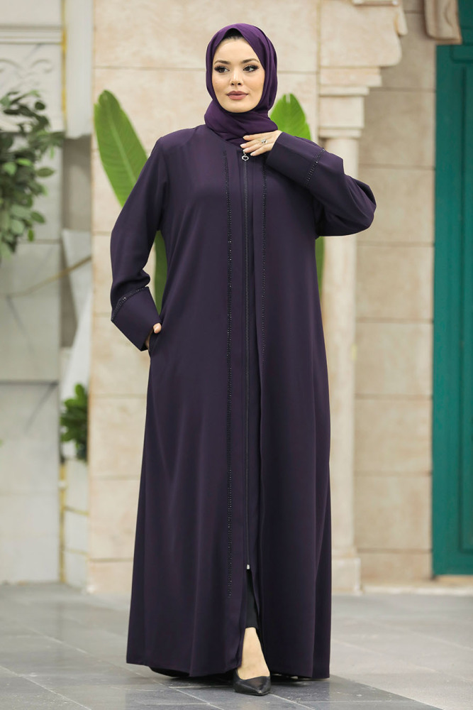 Neva Style - Boncuk Detaylı Mürdüm Tesettür Ferace 62537MU - 3