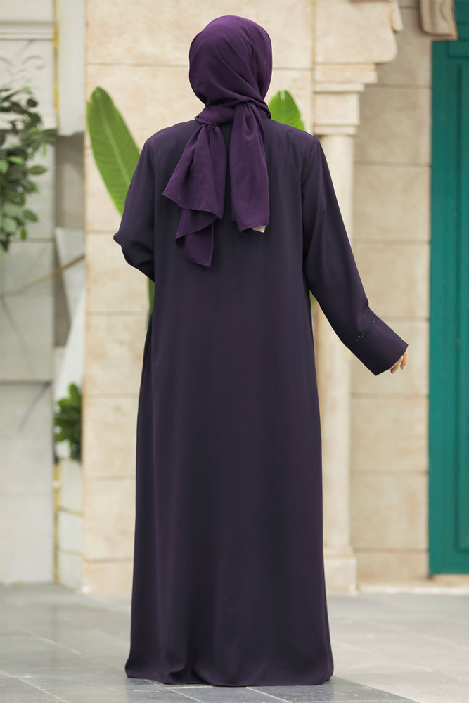 Neva Style - Boncuk Detaylı Mürdüm Tesettür Ferace 62537MU - 5