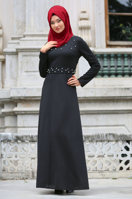 Neva Style - Boncuk Detaylı Siyah Tesettür Elbise 100130S
