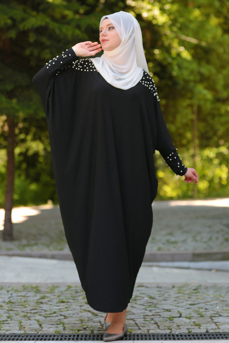 Neva Style - Boncuk Detaylı Siyah Tesettür Elbise 1009S