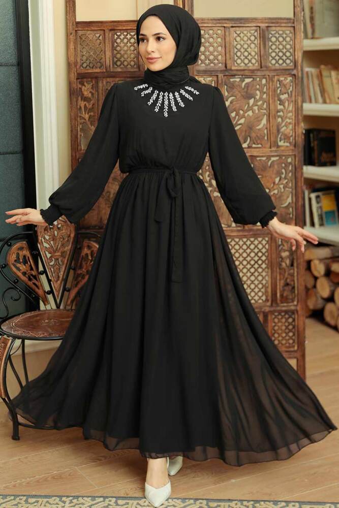 Neva Style - Boncuk Detaylı Siyah Tesettür Elbise 10411S - 1