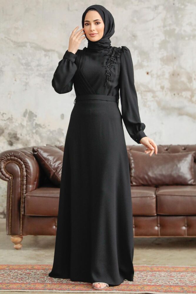 Neva Style - Boncuk Detaylı Siyah Tesettür Elbise 37351S - 1