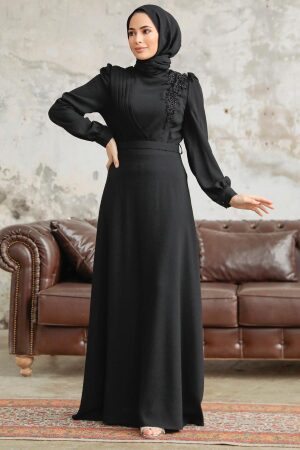 Neva Style - Boncuk Detaylı Siyah Tesettür Elbise 37351S - 2