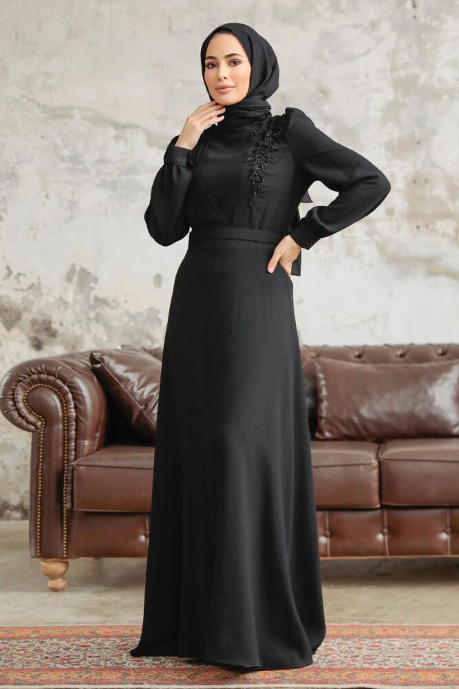 Neva Style - Boncuk Detaylı Siyah Tesettür Elbise 37351S - 3
