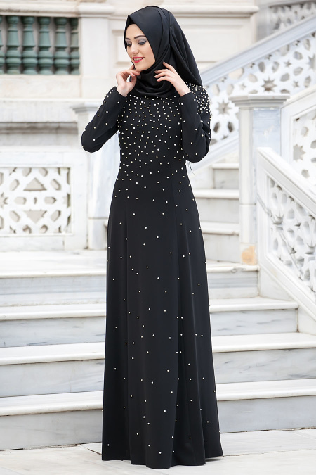 Neva Style - Boncuk Detaylı Siyah Tesettür Elbise 4731S