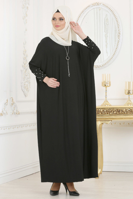 Neva Style - Boncuk Detaylı Siyah Tesettür Elbise 5327S