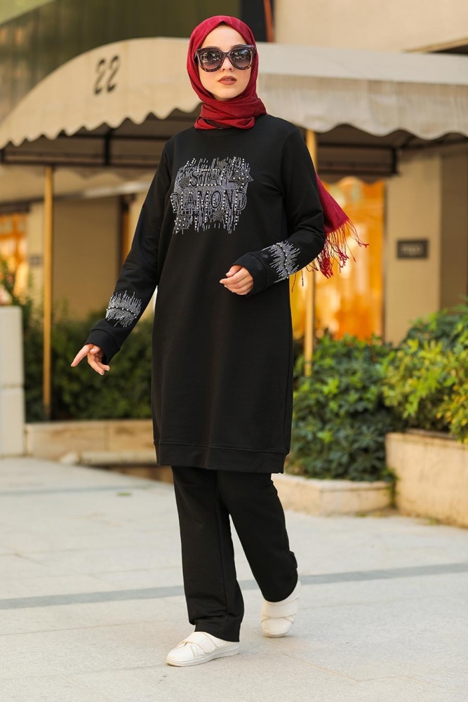 Neva Style - Boncuk Detaylı Siyah Tesettür Eşofman Takım 91720S - 1