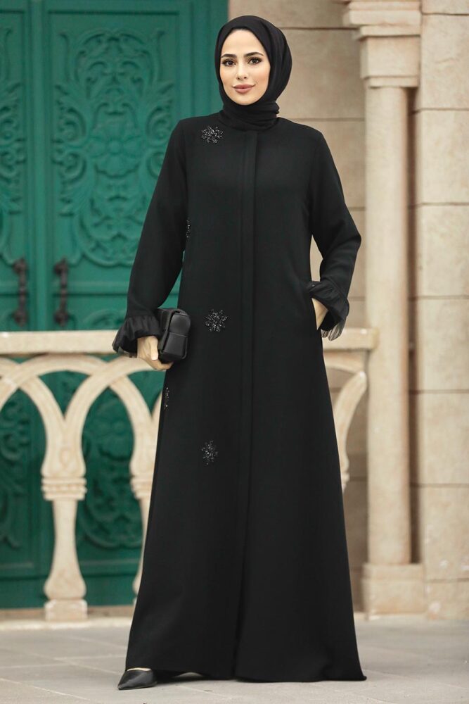 Neva Style - Boncuk Detaylı Siyah Tesettür Ferace 31951S - 1