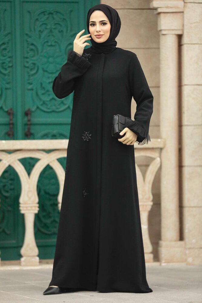 Neva Style - Boncuk Detaylı Siyah Tesettür Ferace 31951S - 2