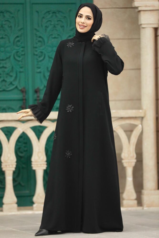 Neva Style - Boncuk Detaylı Siyah Tesettür Ferace 31951S - 4