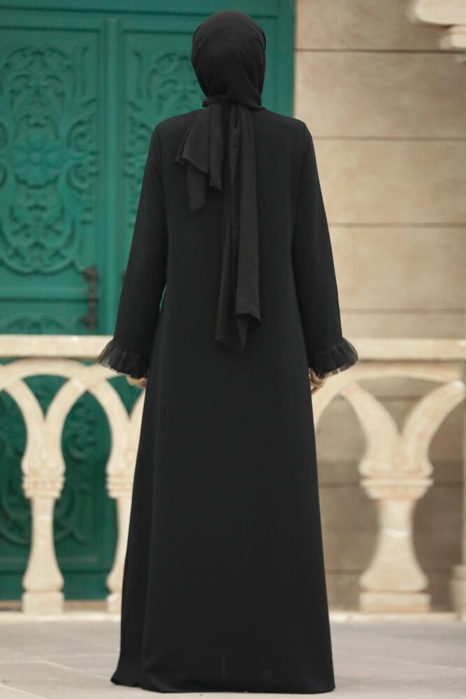 Neva Style - Boncuk Detaylı Siyah Tesettür Ferace 31951S - 5