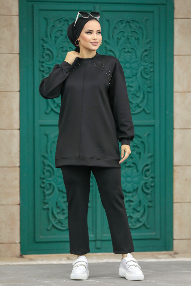 Neva Style - Boncuk Detaylı Siyah Tesettür İkili Takım 7097S - 1