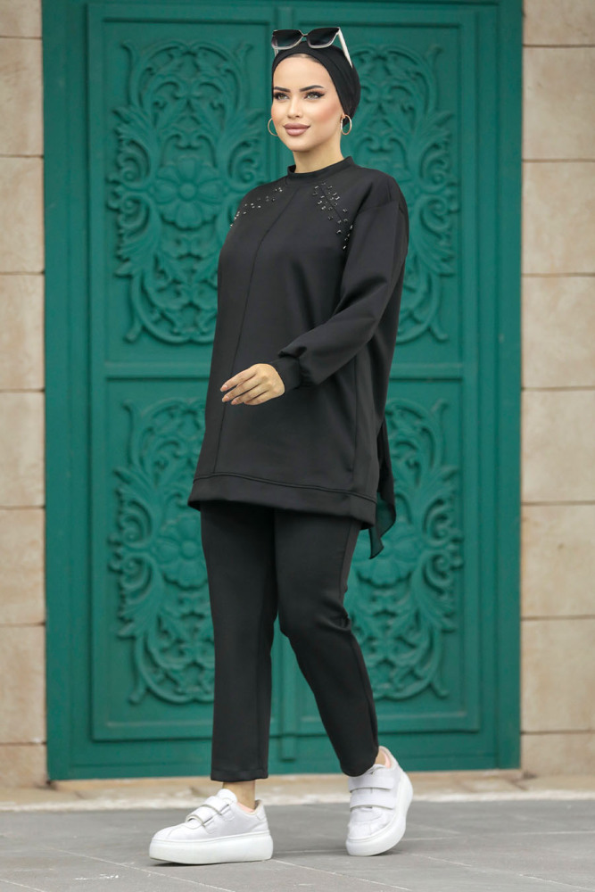 Neva Style - Boncuk Detaylı Siyah Tesettür İkili Takım 7097S - 2