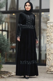 Neva Style - Boncuk Detaylı Siyah Tesettür Kadife Elbise 1470S - Thumbnail