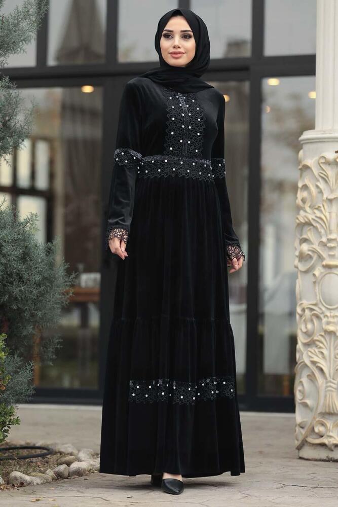 Neva Style - Boncuk Detaylı Siyah Tesettür Kadife Elbise 1470S - 1