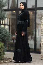 Neva Style - Boncuk Detaylı Siyah Tesettür Kadife Elbise 1470S - Thumbnail