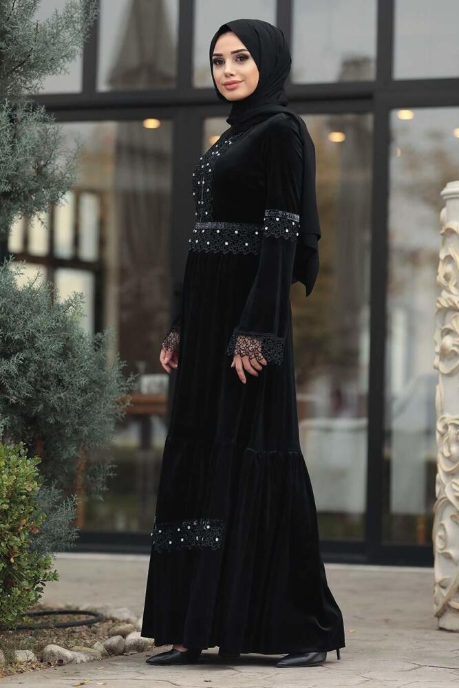 Neva Style - Boncuk Detaylı Siyah Tesettür Kadife Elbise 1470S - 2