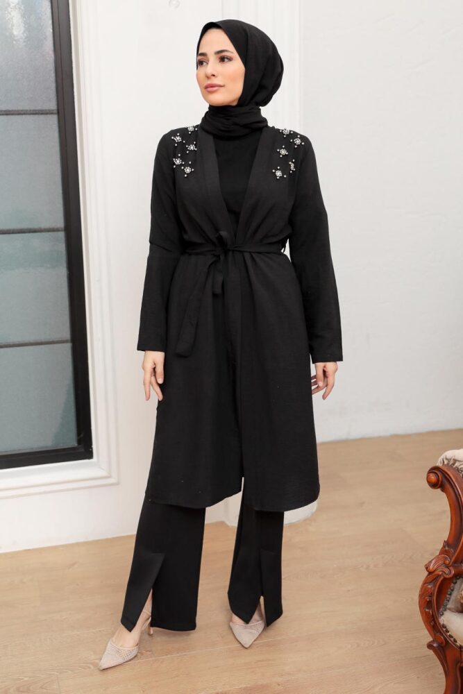Neva Style - Boncuk Detaylı Siyah Tesettür Kap 10860S - 3