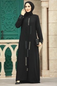 Neva Style - Boncuk Detaylı Siyah Tesettür Rabia Krep Ferace 616S - Thumbnail