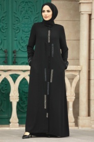 Neva Style - Boncuk Detaylı Siyah Tesettür Rabia Krep Ferace 616S - Thumbnail