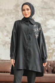 Neva Style - Boncuk Detaylı Siyah Tesettür Tunik 11221S - Thumbnail