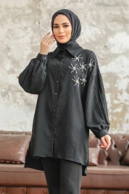 Neva Style - Boncuk Detaylı Siyah Tesettür Tunik 11221S - Thumbnail
