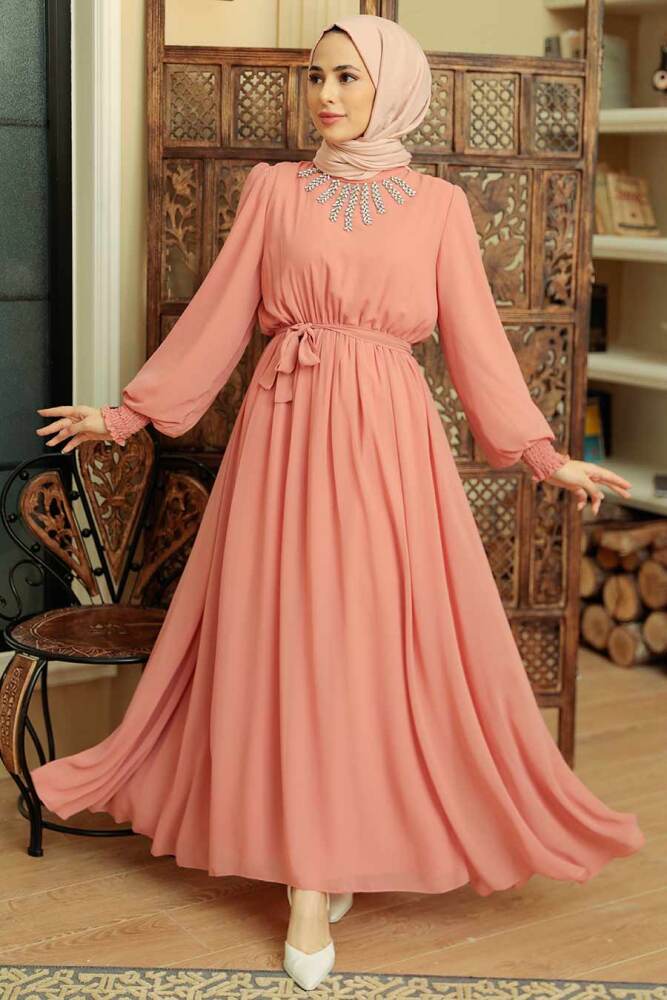 Neva Style - Boncuk Detaylı Somon Tesettür Elbise 10411SMN - 1