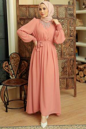Neva Style - Boncuk Detaylı Somon Tesettür Elbise 10411SMN - 2